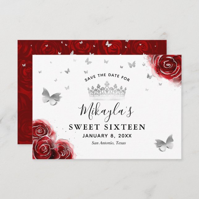 Silver and Red Roses Elegant Save The Date (Front/Back)
