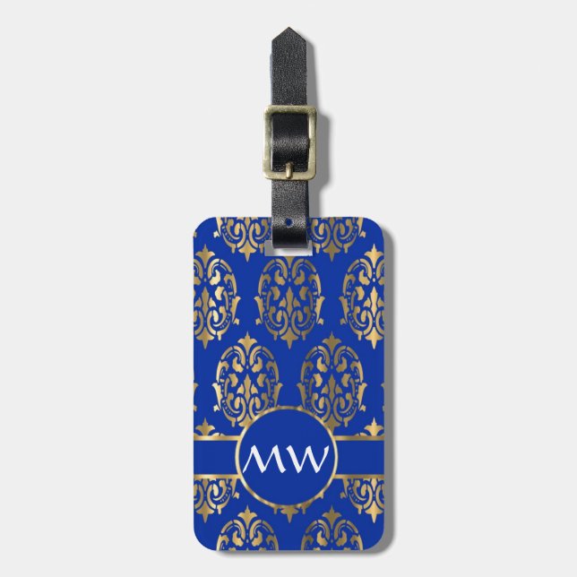 Silver and royal blue damask monogram luggage tag (Front Vertical)