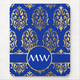 Silver and royal blue damask monogram mouse mat
