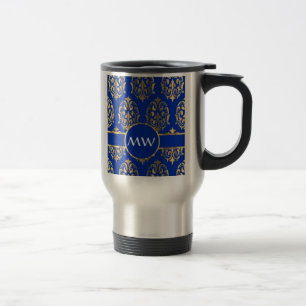 Silver and royal blue damask travel mug