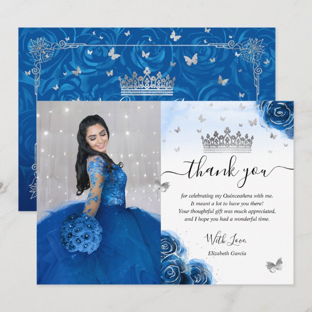 Silver and Royal Blue Quinceañera Photo Birthday Thank You Card (Front/Back)