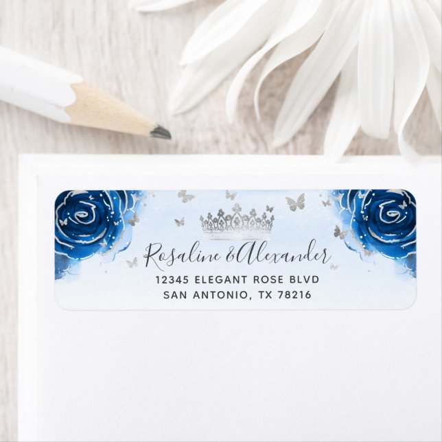 Silver and Royal Blue Roses Crown Return Address (Insitu)