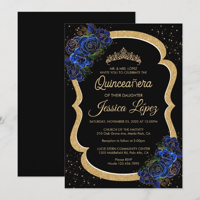 Silver and Royal Blue Roses Elegant Quinceanera Invitation (Front/Back)