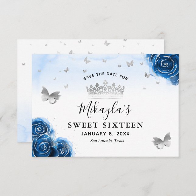 Silver and Royal Blue Roses Elegant Save The Date (Front/Back)