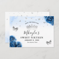 Silver and Royal Blue Roses Elegant Save The Date
