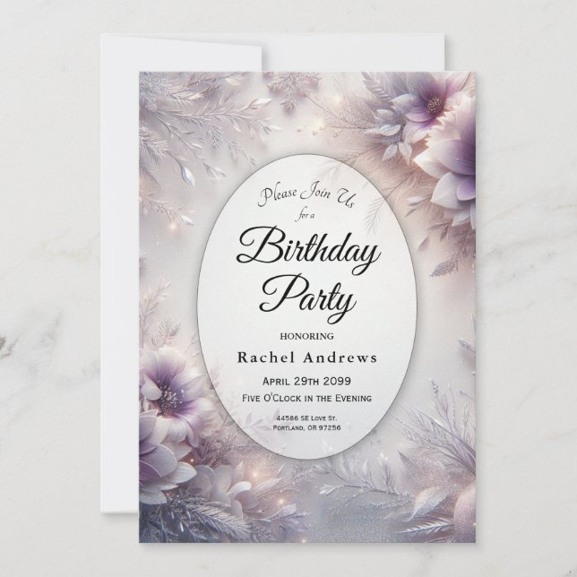 Silver and Soft Amethyst Winter Birthday Party Invitation (Front)