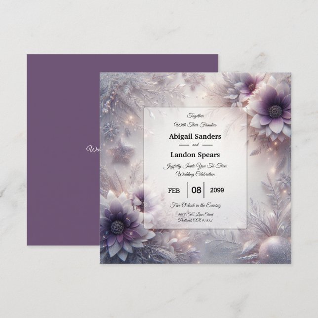 Silver and Soft Amethyst Winter Blooms Wedding Invitation (Front/Back)