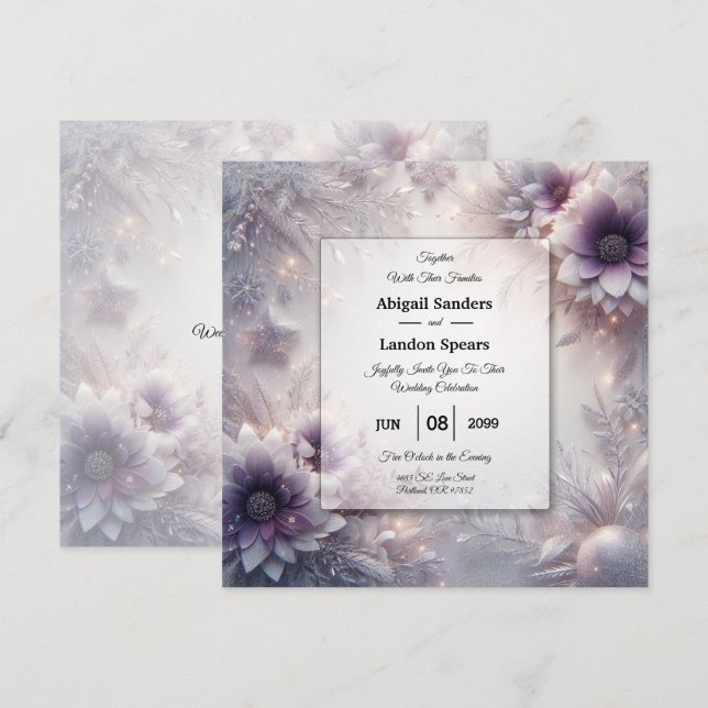 Silver and Soft Amethyst Winter Blooms Wedding Invitation (Front/Back)