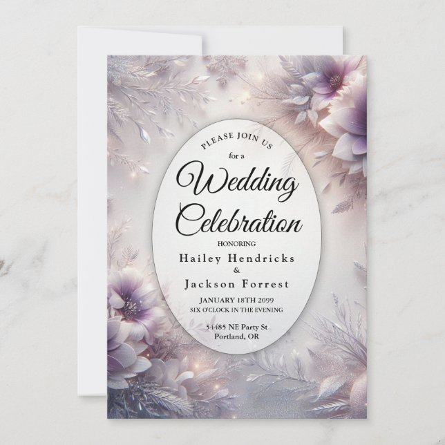 Silver and Soft Amethyst Winter Blooms Wedding Invitation (Front)