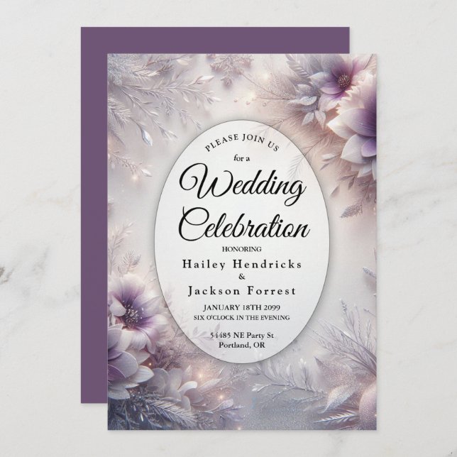 Silver and Soft Amethyst Winter Blooms Wedding Invitation (Front/Back)