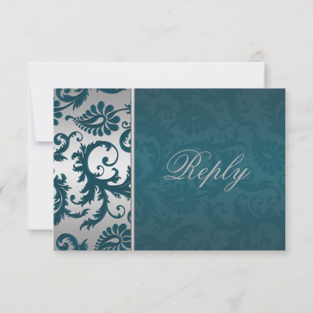 Silver and Teal Damask II Reply Card (Front)