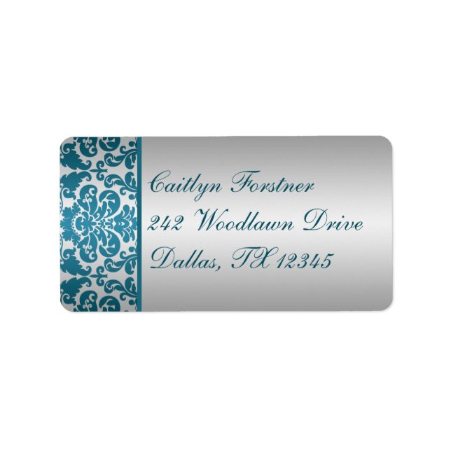 Silver and Teal Damask Return Address Label (Front)