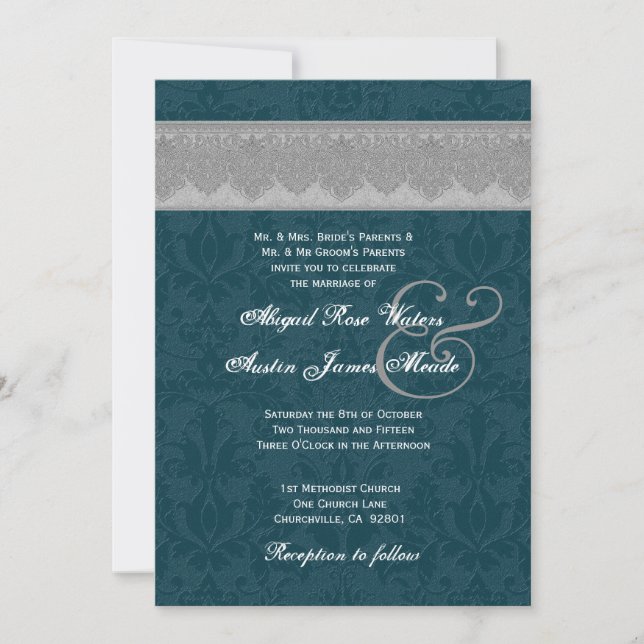 Silver and Teal Damask Ribbon Monogram Wedding 3 Invitation (Front)