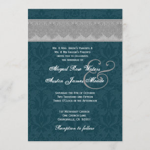 Silver and Teal Damask Ribbon Monogram Wedding 3 Invitation