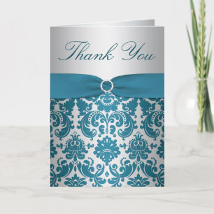 Silver and Teal Damask Thank You Card
