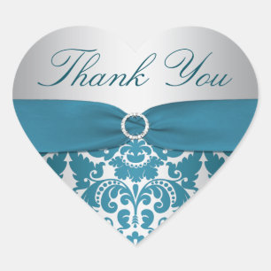 Silver and Teal Damask Thank You Sticker