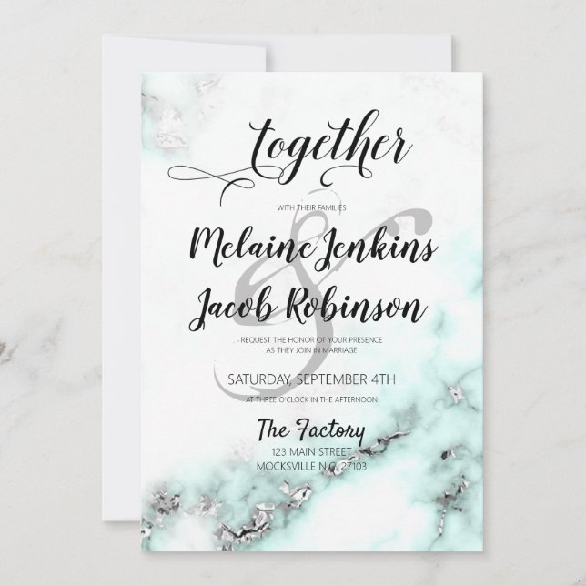 Silver and Teal Marble Elegant Wedding Invitation (Front)