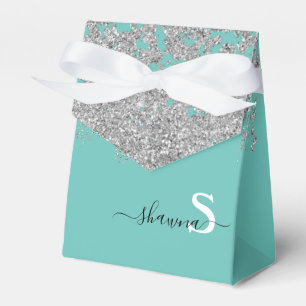 Silver and Teal Monogram Aqua Blue Sparkle Favour Box