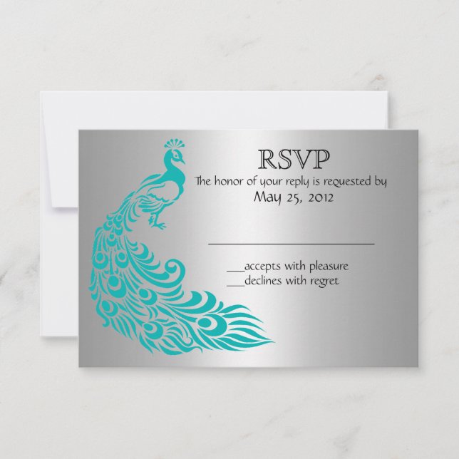 Silver and Teal Peacock RSVP Invitations (Front)