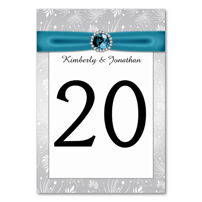Silver and Teal Ribbon Gemstones Table Numbers (Front)