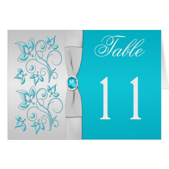 Silver and Turquoise Floral Table Number Card (Front Horizontal)