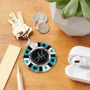 Silver and Turquoise Poker Chip Design - Monogram Key Ring