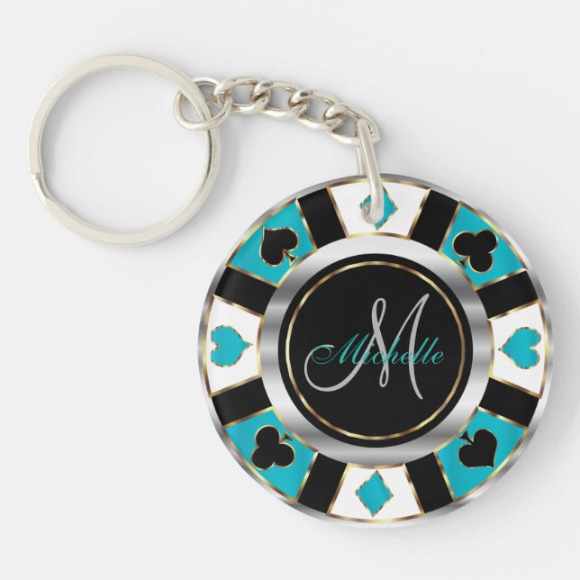 Silver and Turquoise Poker Chip Design - Monogram Key Ring (Front)