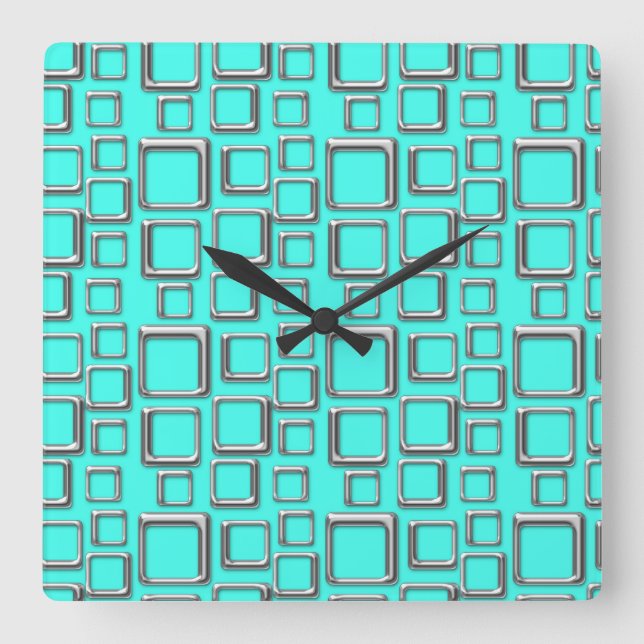 Silver and Turquoise Retro Pattern Square  Clock (Front)