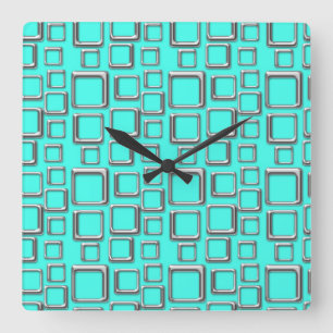 Silver and Turquoise Retro Pattern Square Clock