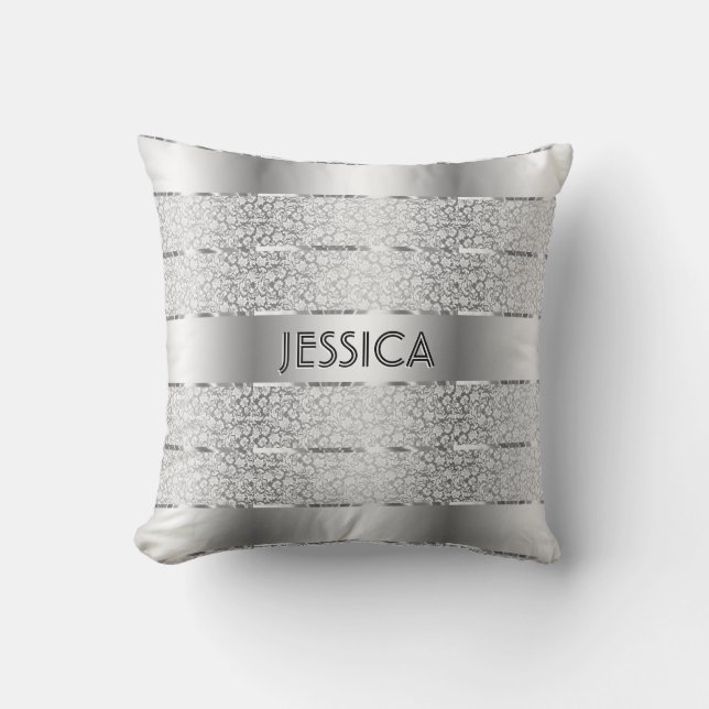 Silver And White Floral Pattern Stripes Cushion (Front)