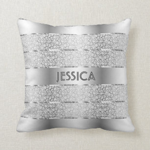 Silver And White Floral Pattern Stripes Cushion