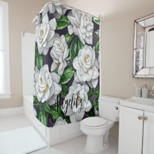 Silver and White Gardenia Flowers with Custom Name Shower Curtain
