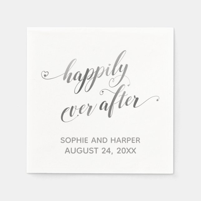 Silver and White Happily Ever After, Hearts Script Napkin (Front)