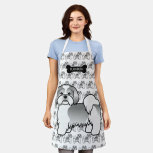 Silver And White Lhasa Apso Cartoon Dog & Name Apron