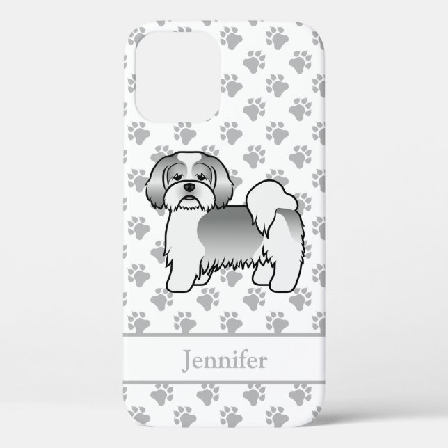 Silver And White Lhasa Apso Cartoon Dog & Name Case-Mate iPhone Case (Back)