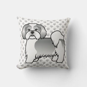 Silver And White Lhasa Apso Cartoon Dog & Paws Cushion