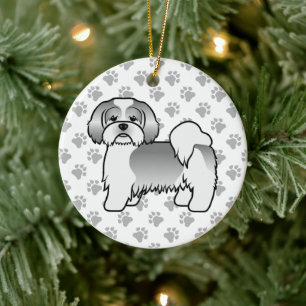 Silver And White Lhasa Apso Cute Cartoon Dog Ceramic Tree Decoration