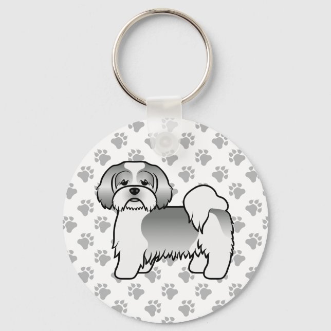 Silver And White Lhasa Apso Cute Cartoon Dog Key Ring (Front)