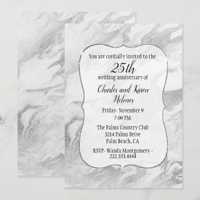 Silver and White Marbled Anniversary Invitation (Front/Back)