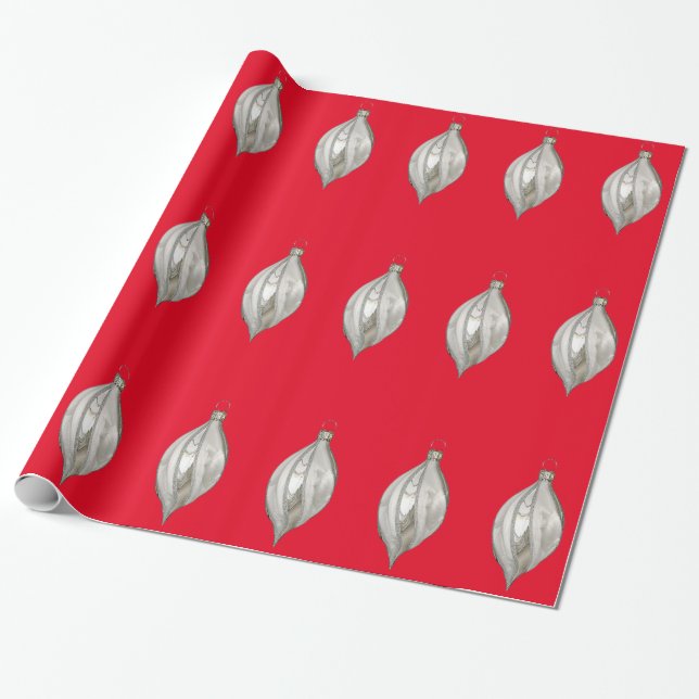 Silver and White Ornament Red Wrapping Paper (Unrolled)