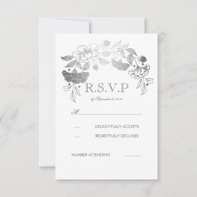 Silver and White Peonies Laurel Wedding RSVP Cards (Front)