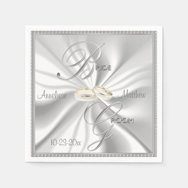 Silver and White Satin Wedding Napkin (Front)