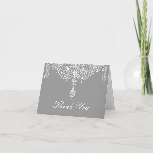 Silver and White Scrollwork Thank You Note Card (Front)