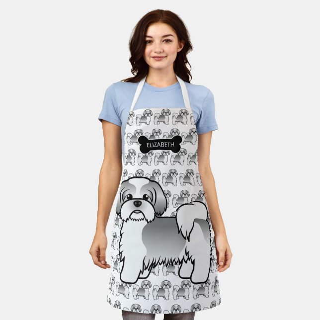 Silver And White Shih Tzu Cartoon Dog & Name Apron (Worn)