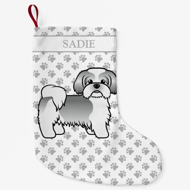 Silver And White Shih Tzu Cartoon Dog & Name Small Christmas Stocking (Front)