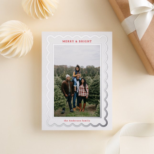 Silver and White Simple Scallop Photo Frame Foil Holiday Card (Creator Uploaded)