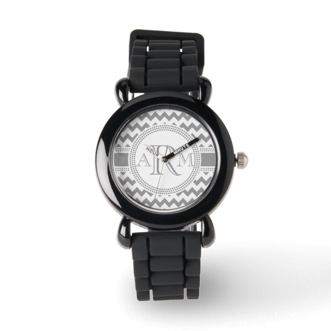 Silver and White ZigZag Chevron Monogram Watch (Front)