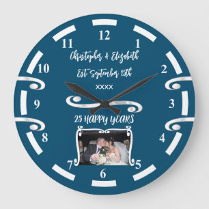 Silver Anniversary 25 years add names photo blue Large Clock