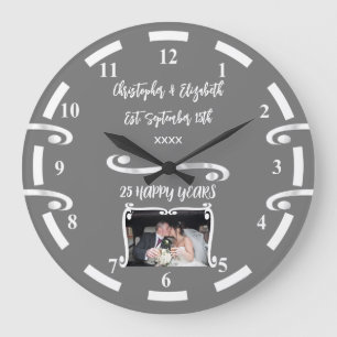 Silver Anniversary 25 years add names photo grey Large Clock