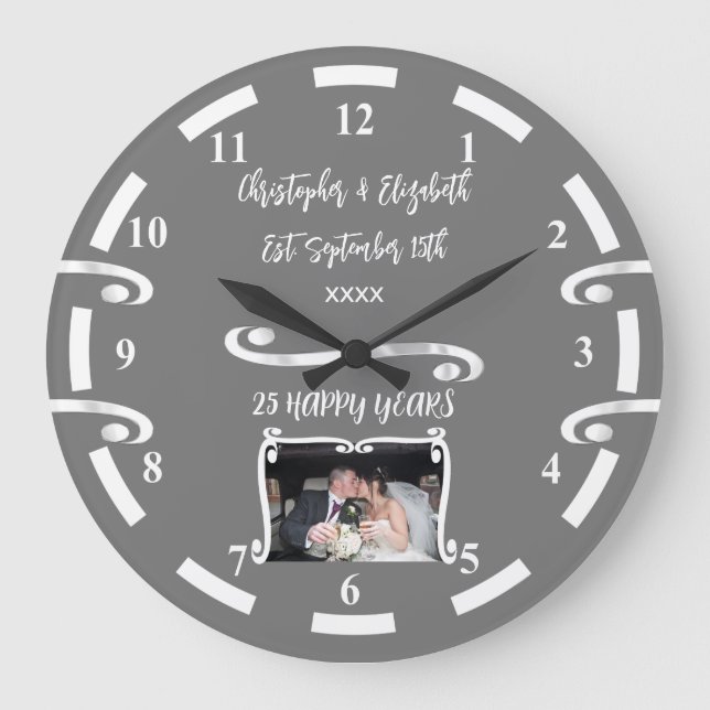Silver Anniversary 25 years add names photo grey Large Clock (Front)